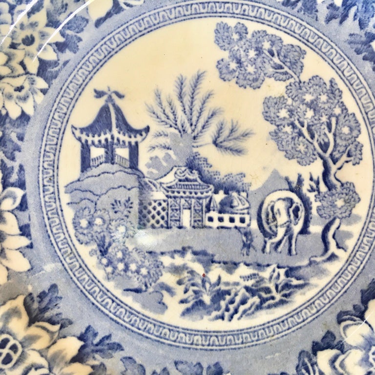 British Set of Six Blue & White Plates Elephant Chinoiserie Pagoda Burslem