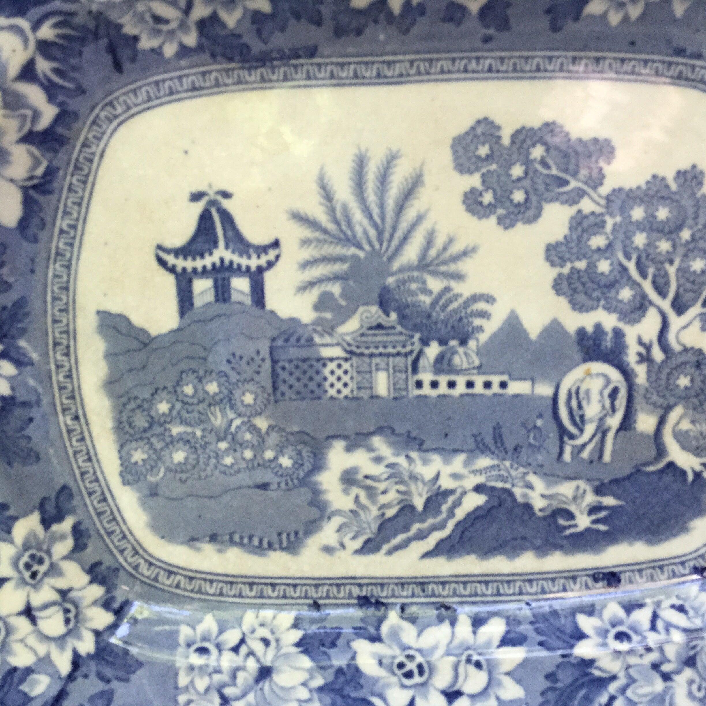 British Set of Three Blue and White Plates Elephant Chinoiserie Pagoda Burslem