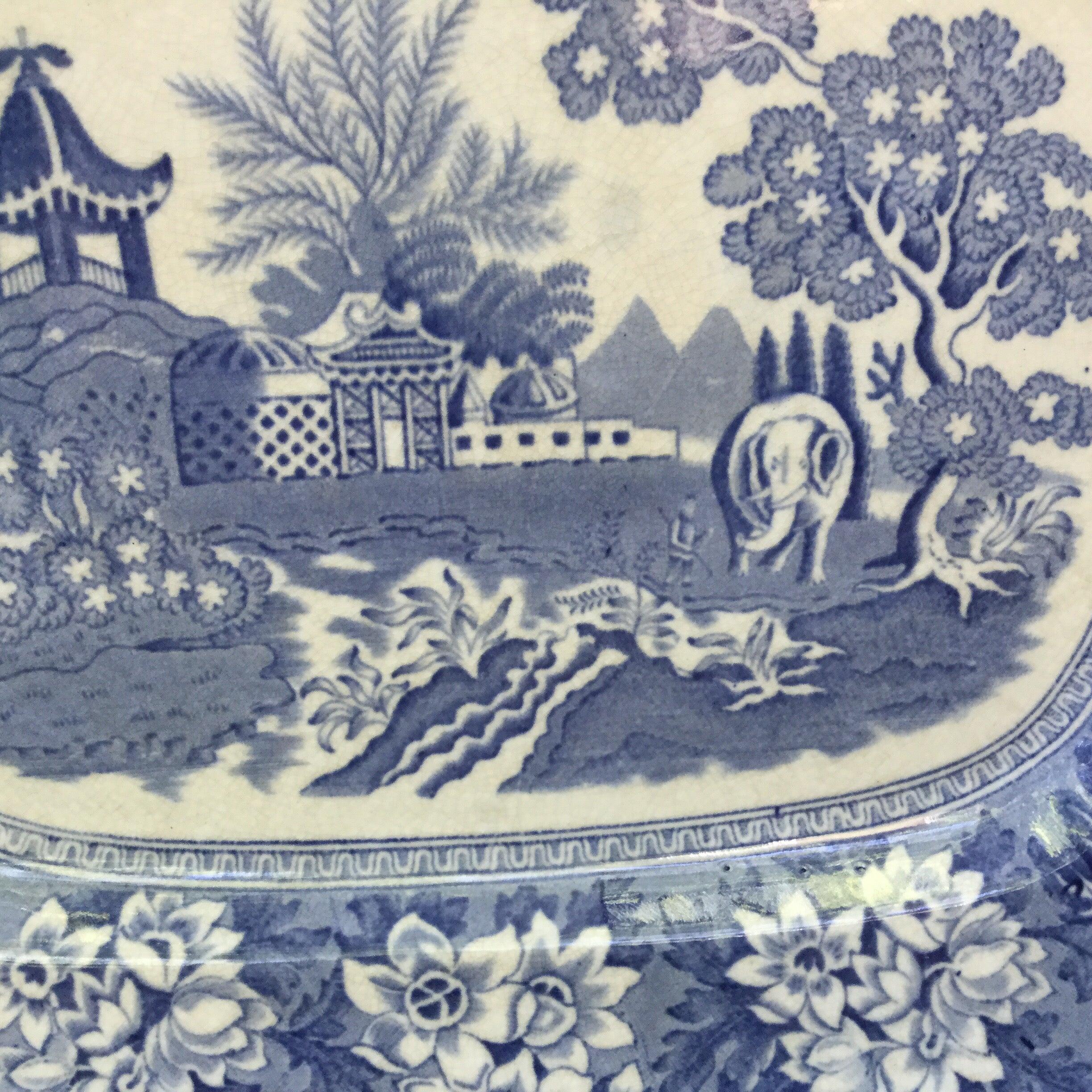 Late 19th Century Set of Three Blue and White Plates Elephant Chinoiserie Pagoda Burslem