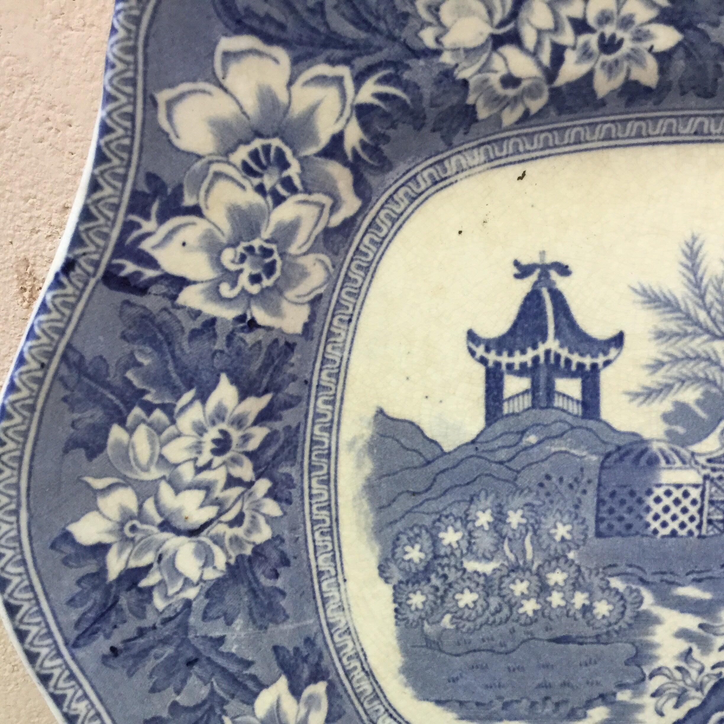 Ceramic Set of Three Blue and White Plates Elephant Chinoiserie Pagoda Burslem
