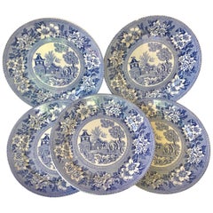 Antique Set of Six Blue & White Plates Elephant Chinoiserie Pagoda Burslem