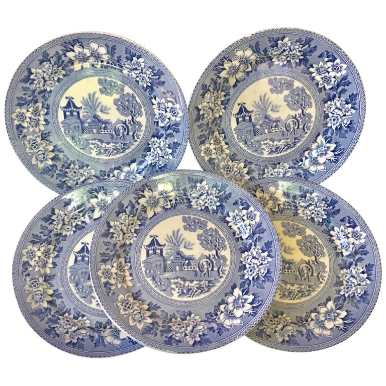 Set of Six Blue & White Plates Elephant Chinoiserie Pagoda Burslem