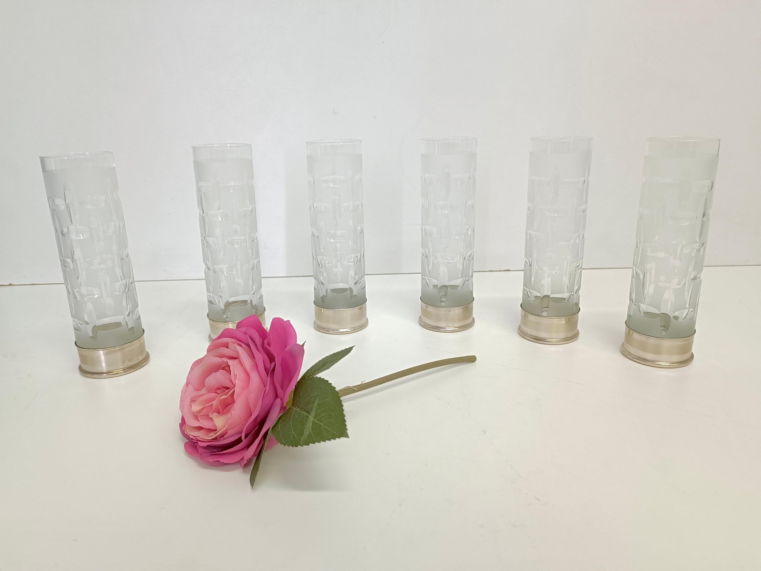 Postmoderne Ensemble de six verres à bohème en cristal et argent en vente