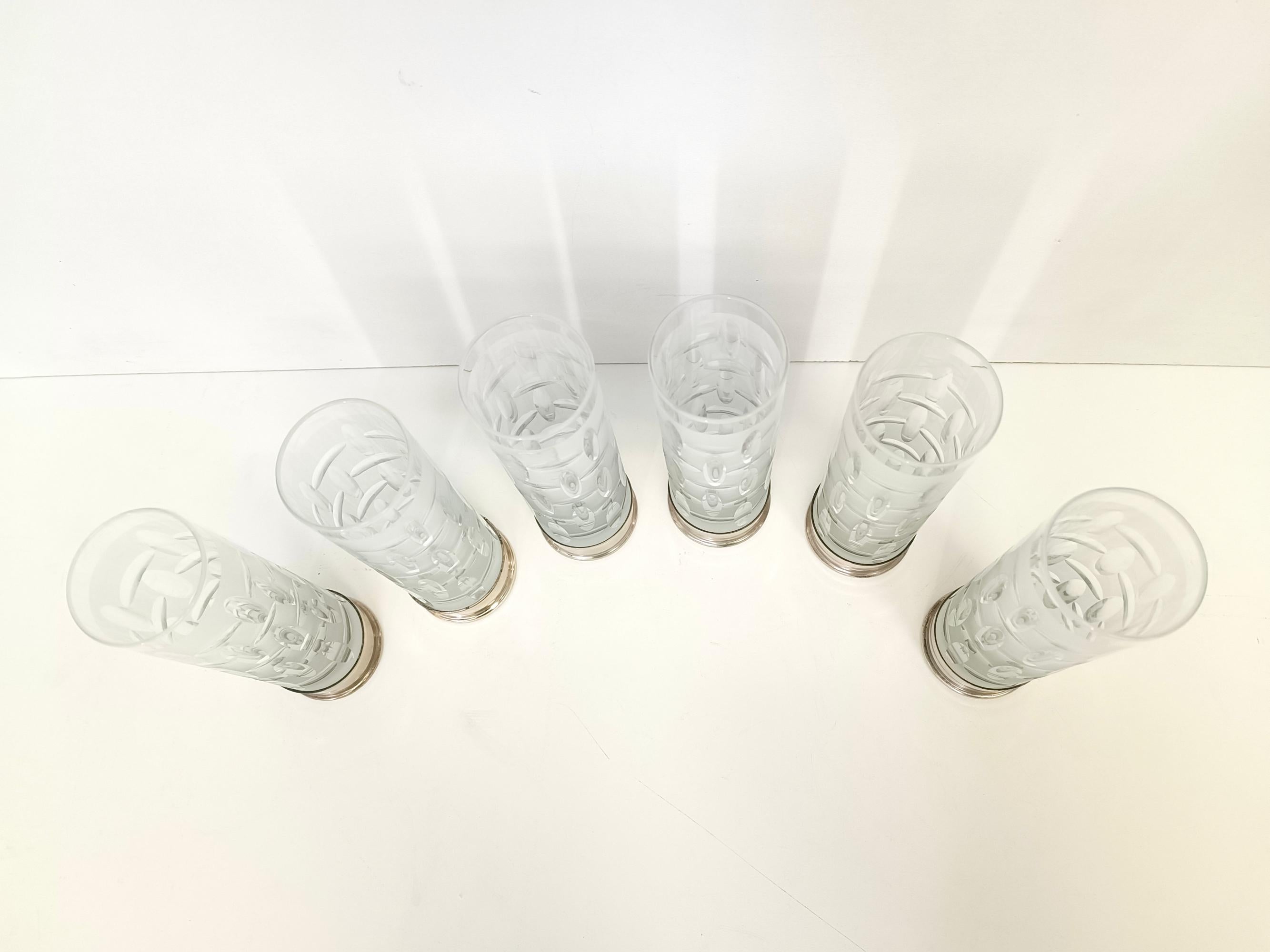Fin du 20e siècle Ensemble de six verres à bohème en cristal et argent en vente