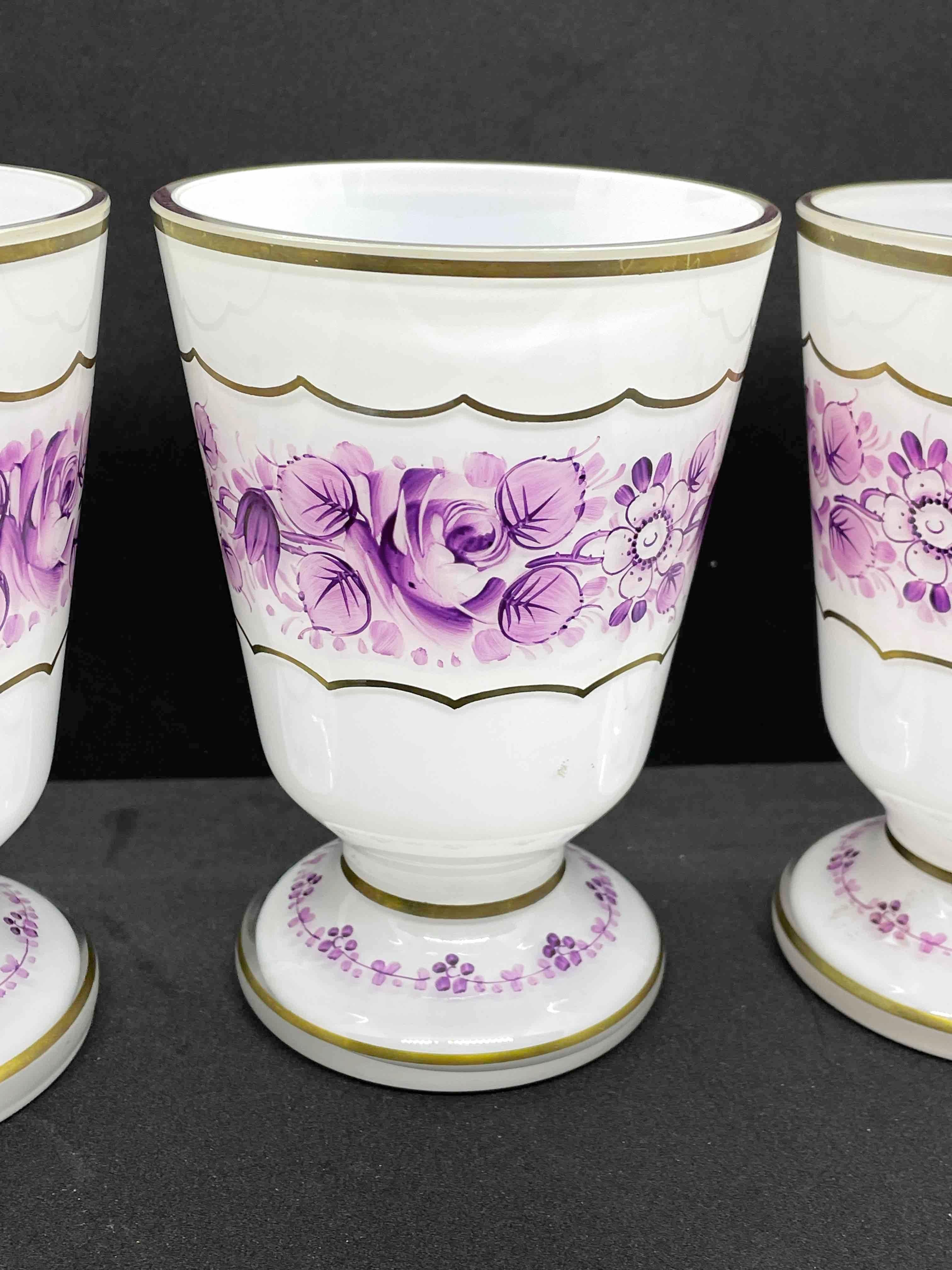 Set of Six Bohemian White Purple Colored Glass Beaker with Gold Rim, 1950s For Sale 2