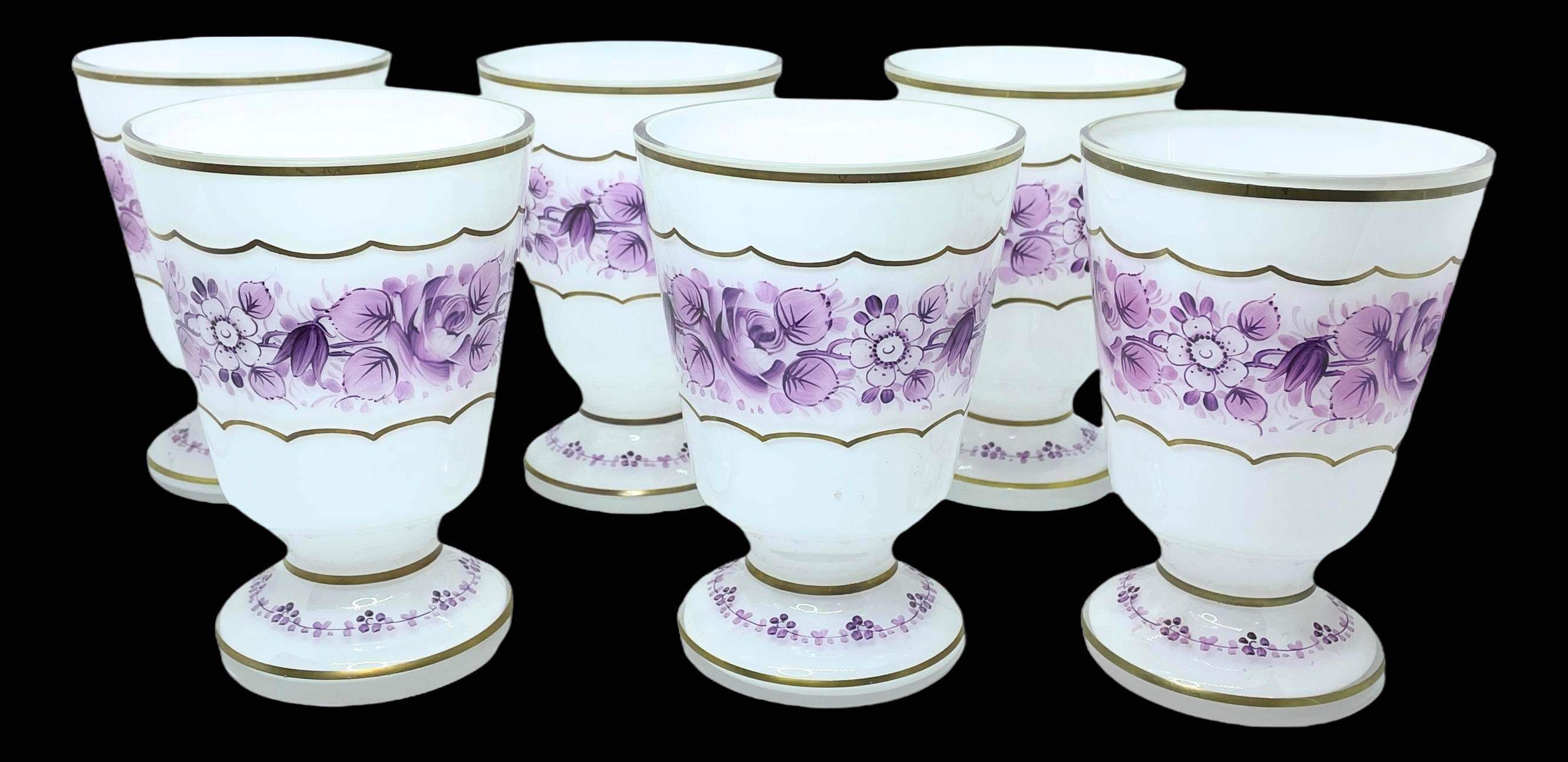 Mid-Century Modern Set of Six Bohemian White Purple Colored Glass Beaker with Gold Rim, 1950s For Sale
