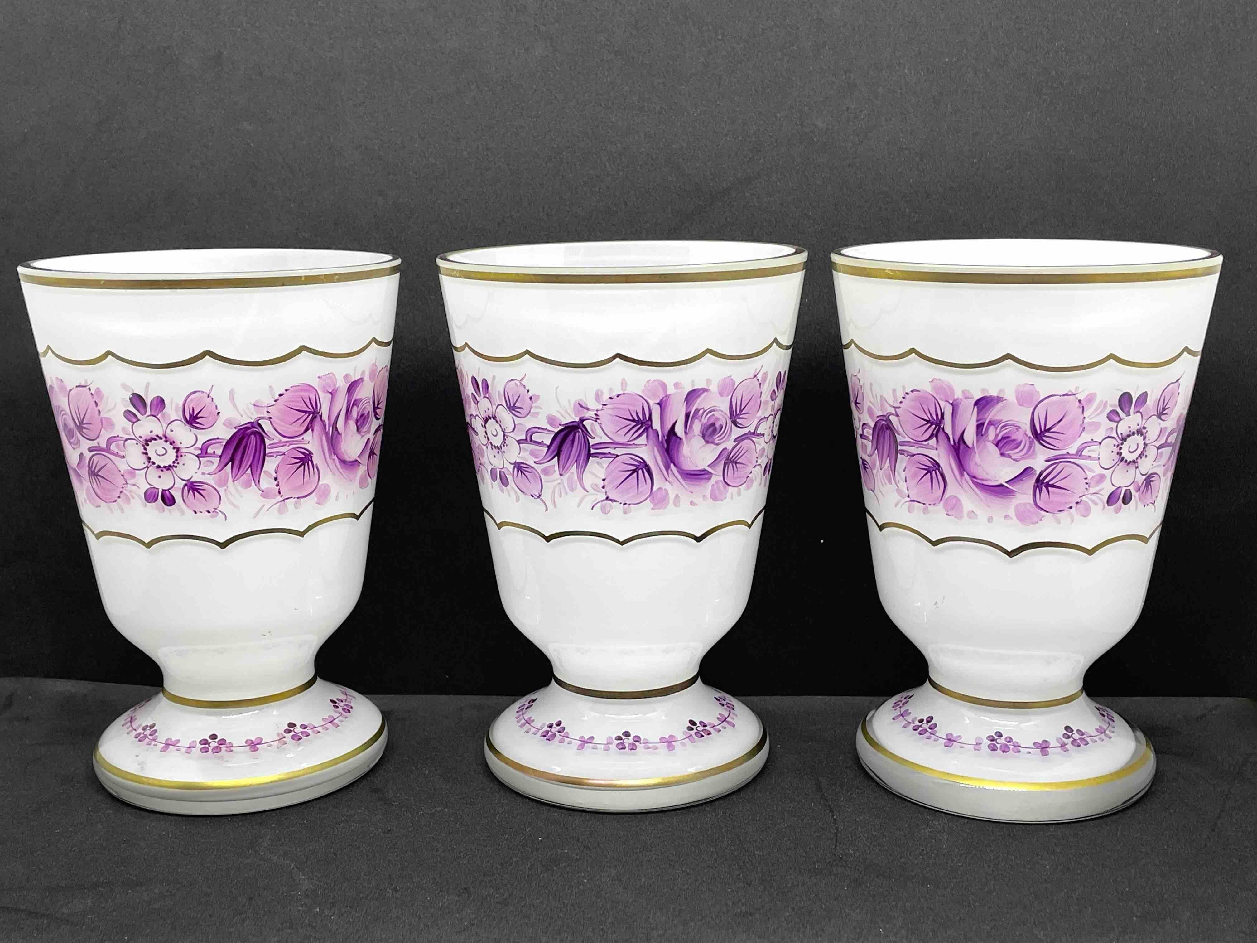 Czech Set of Six Bohemian White Purple Colored Glass Beaker with Gold Rim, 1950s For Sale