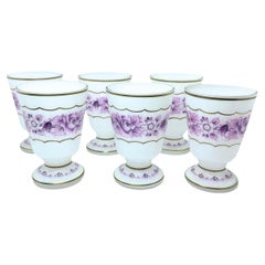 Vintage Set of Six Bohemian White Purple Colored Glass Beaker with Gold Rim, 1950s