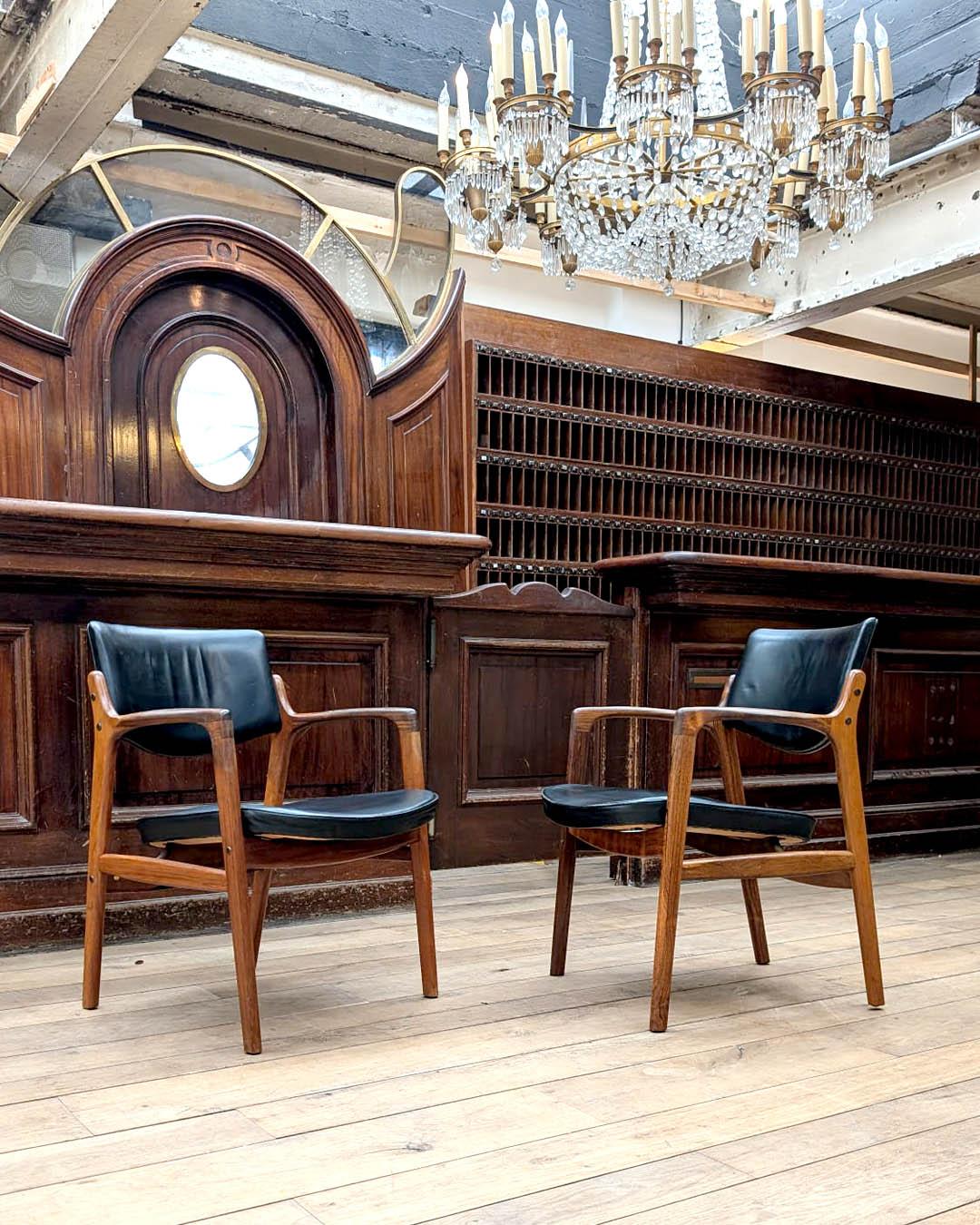 Set di sei poltrone Bondo Gravesen in teak e pelle nera - Danimarca, anni '60 in vendita 3