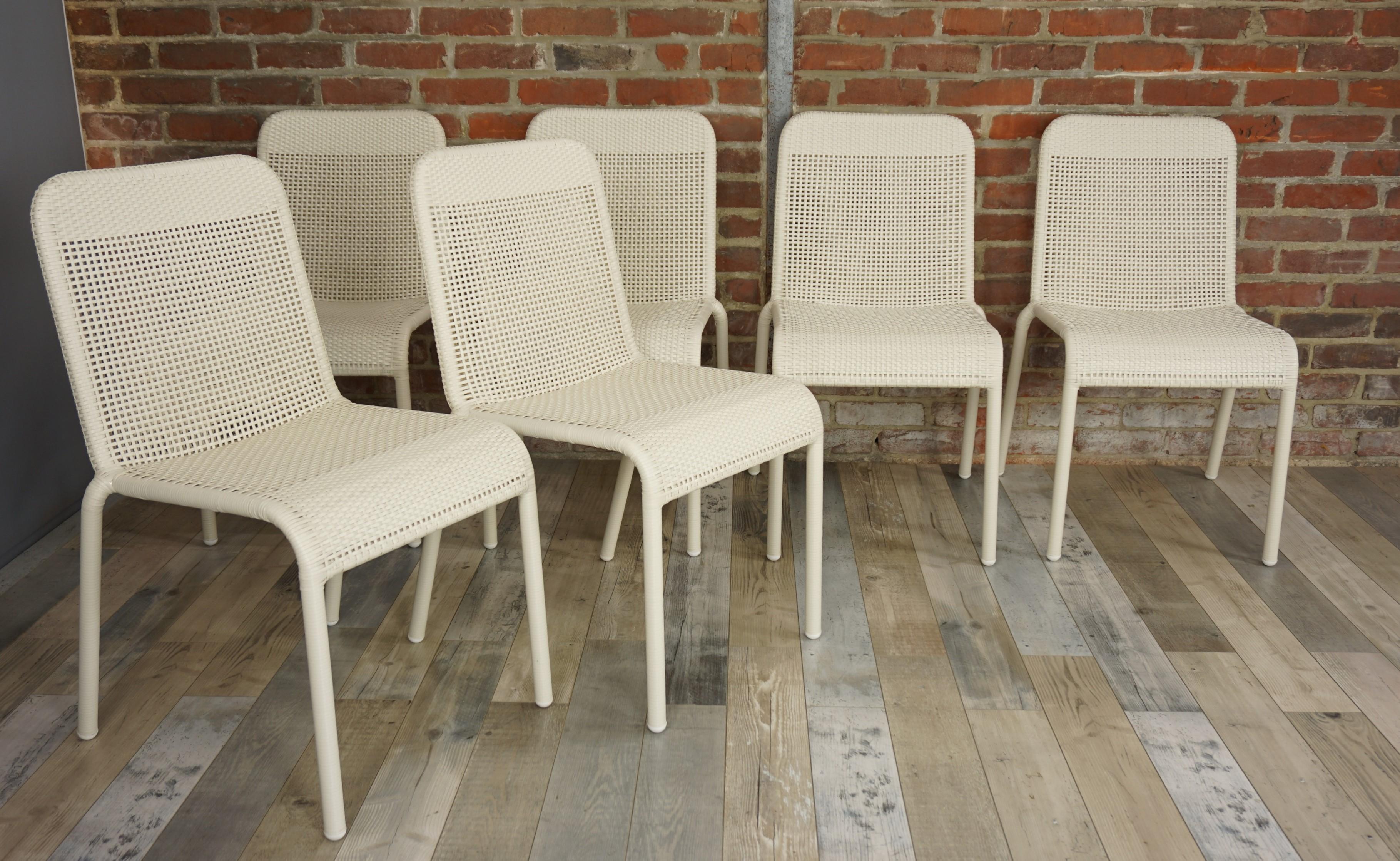 Mid-Century Modern Set of Six Braided Resin in Warm White Color Outdoor Chairs For Sale
