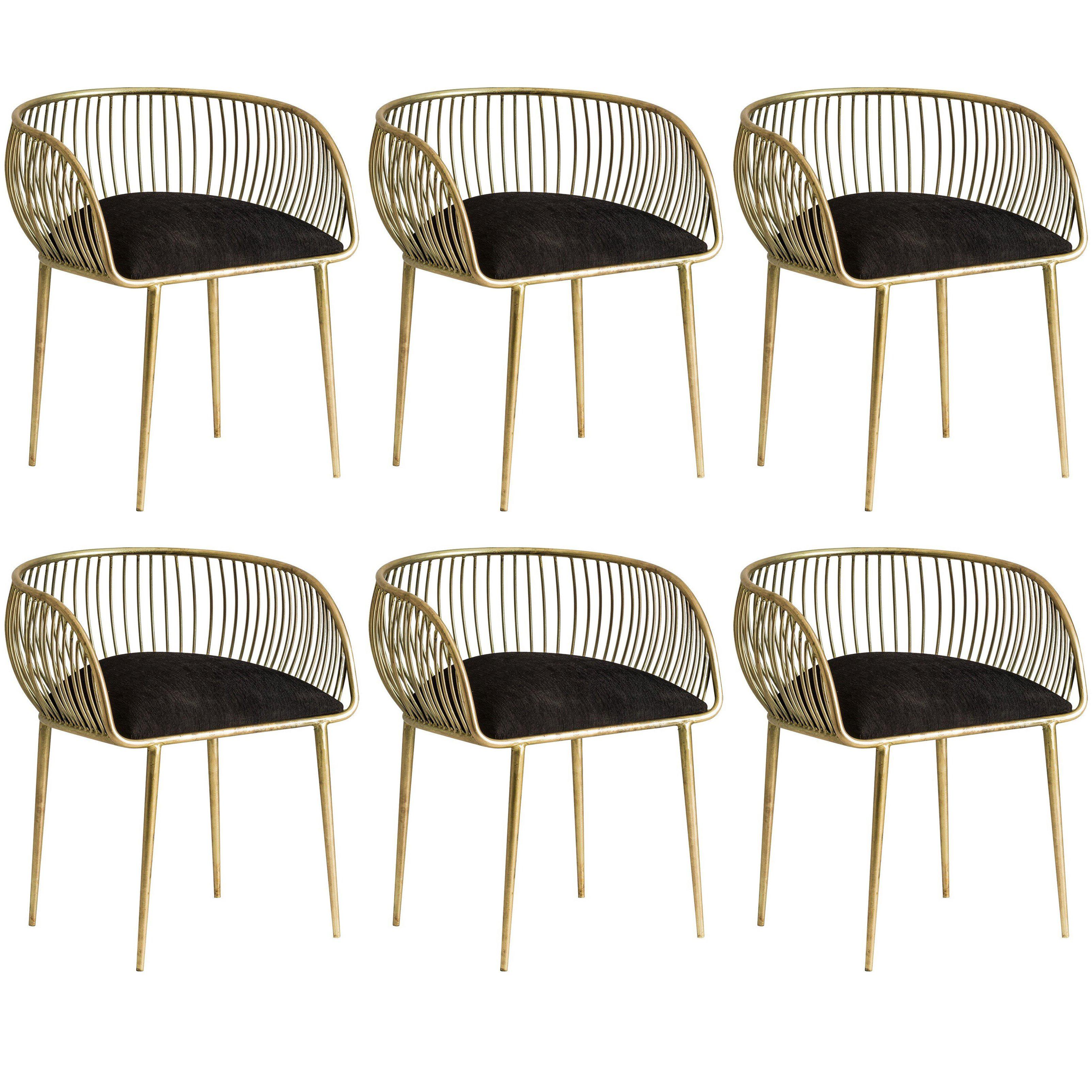 Set of Six Gold Metal and Black Fabric Dining Armchairs