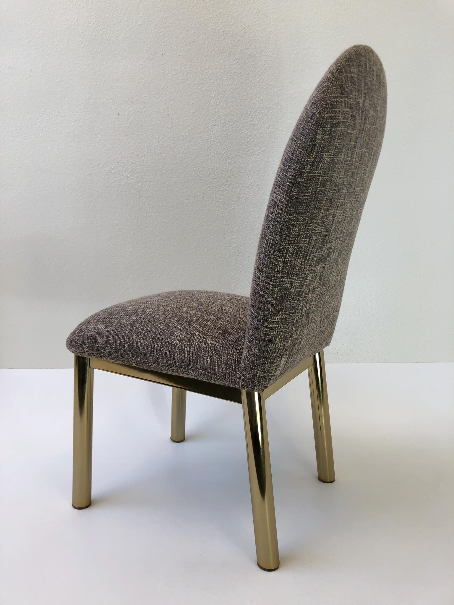 Modern Set of Six Brass and Fabric Dining Chairs For Sale