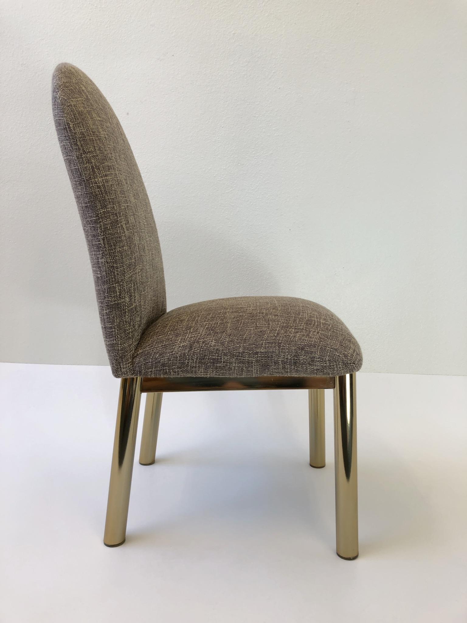 Polished Set of Six Brass and Fabric Dining Chairs For Sale