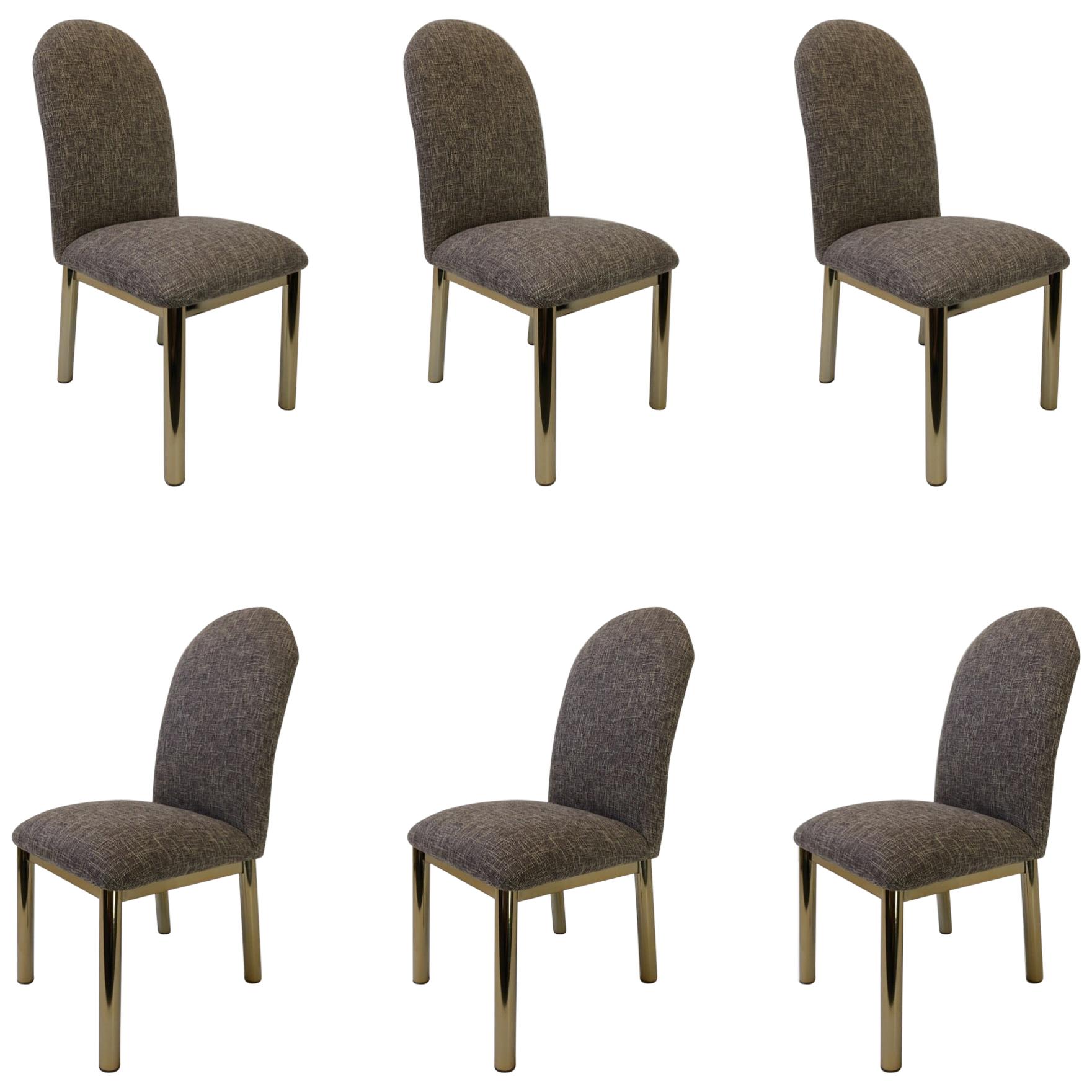Set of Six Brass and Fabric Dining Chairs