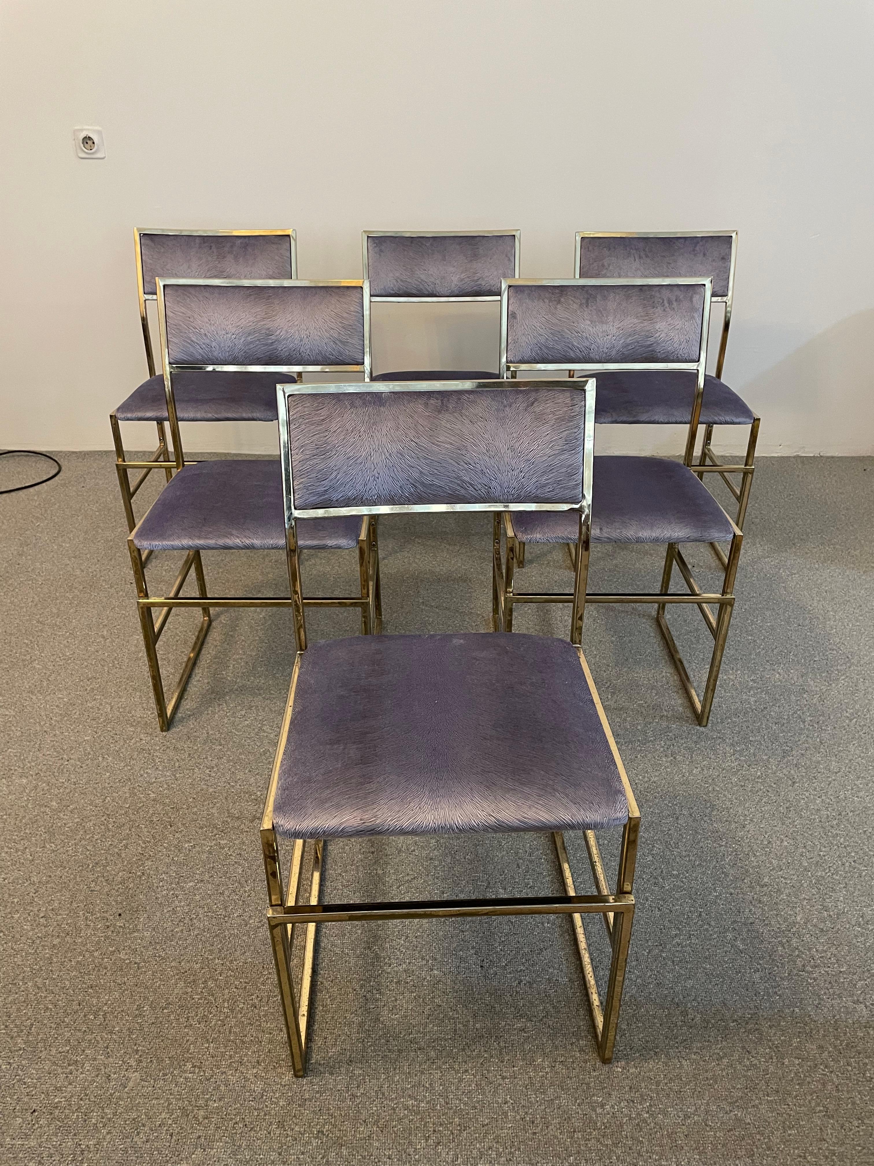 Modern Set of Six Brass and Pistoia Velvet Dining Chairs, Italy, 1970