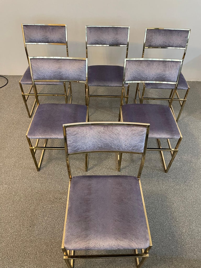Italian Set of Six Brass and Pistoia Velvet Dining Chairs, Italy, 1970