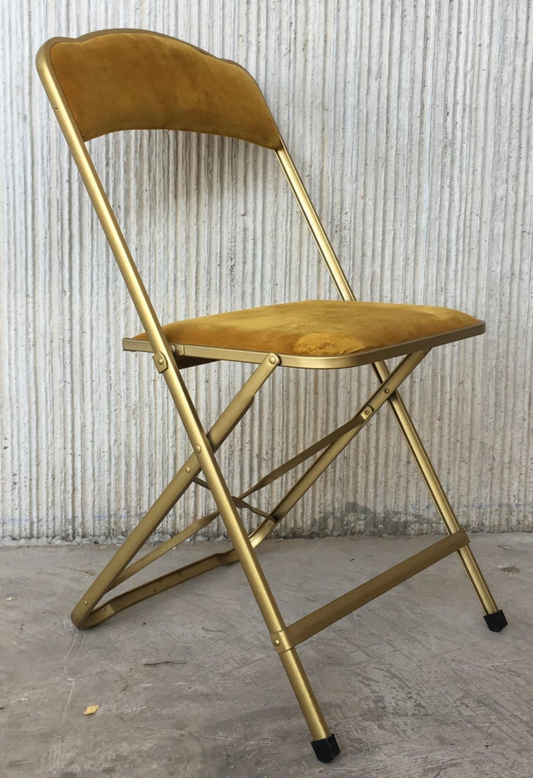 Set of Six Brass and Velvet Plia Style Folding Chairs at 1stDibs