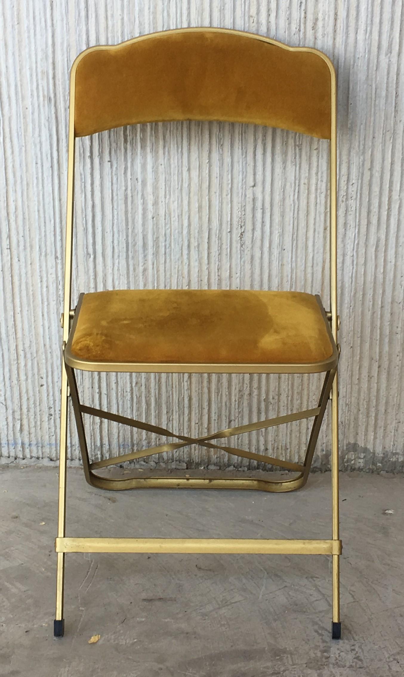 Italian Set of Six Brass and Velvet Plia Style Folding Chairs