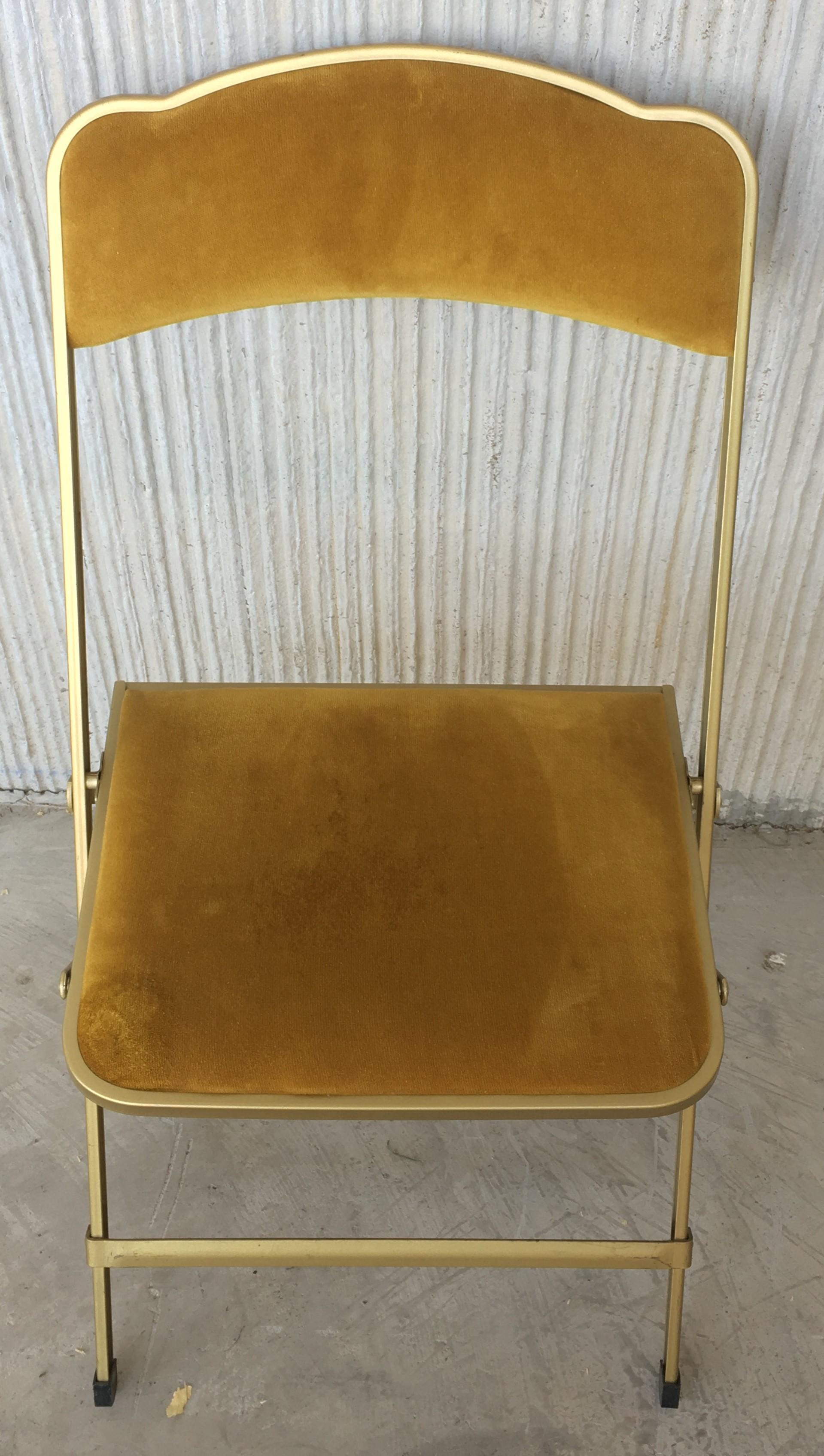 Set of Six Brass and Velvet Plia Style Folding Chairs In Good Condition In Miami, FL