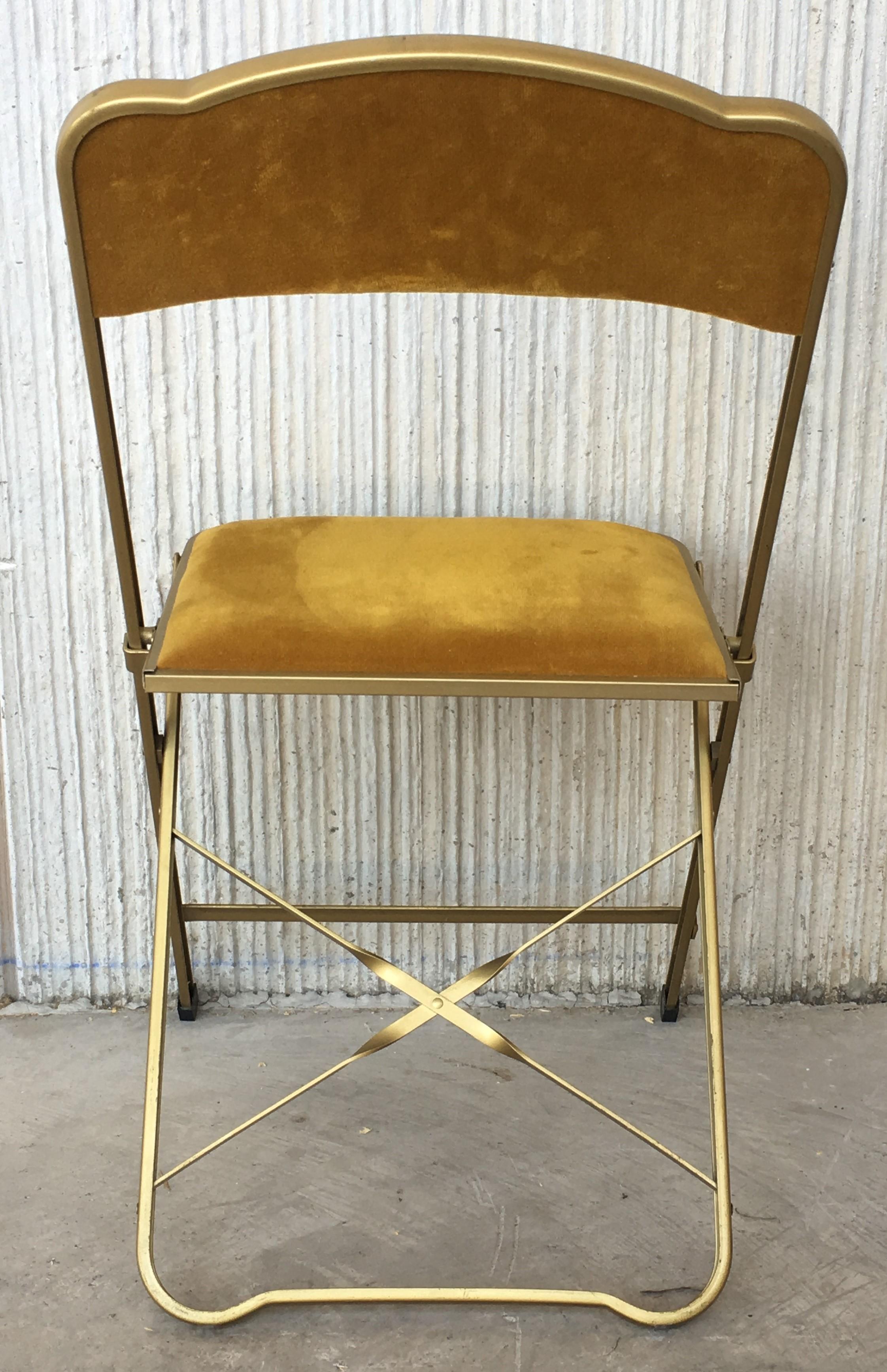 20th Century Set of Six Brass and Velvet Plia Style Folding Chairs