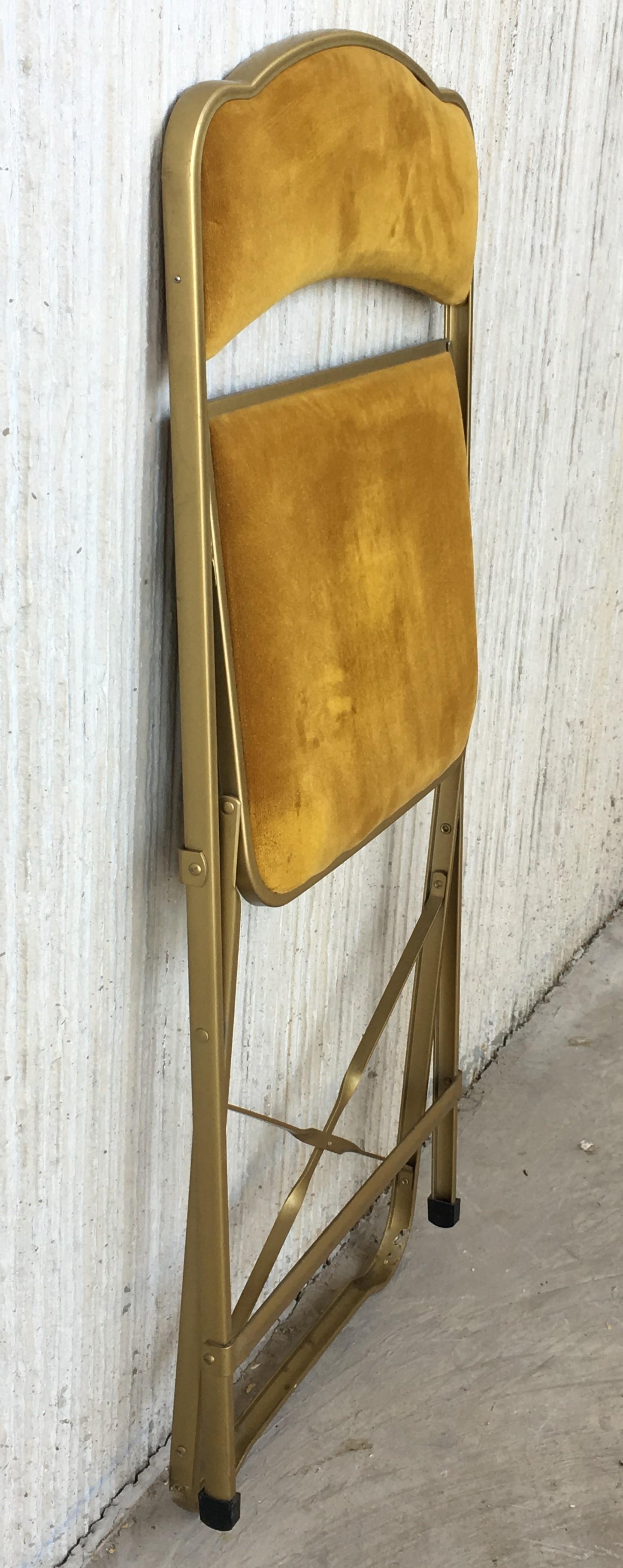 Set of Six Brass and Velvet Plia Style Folding Chairs 1