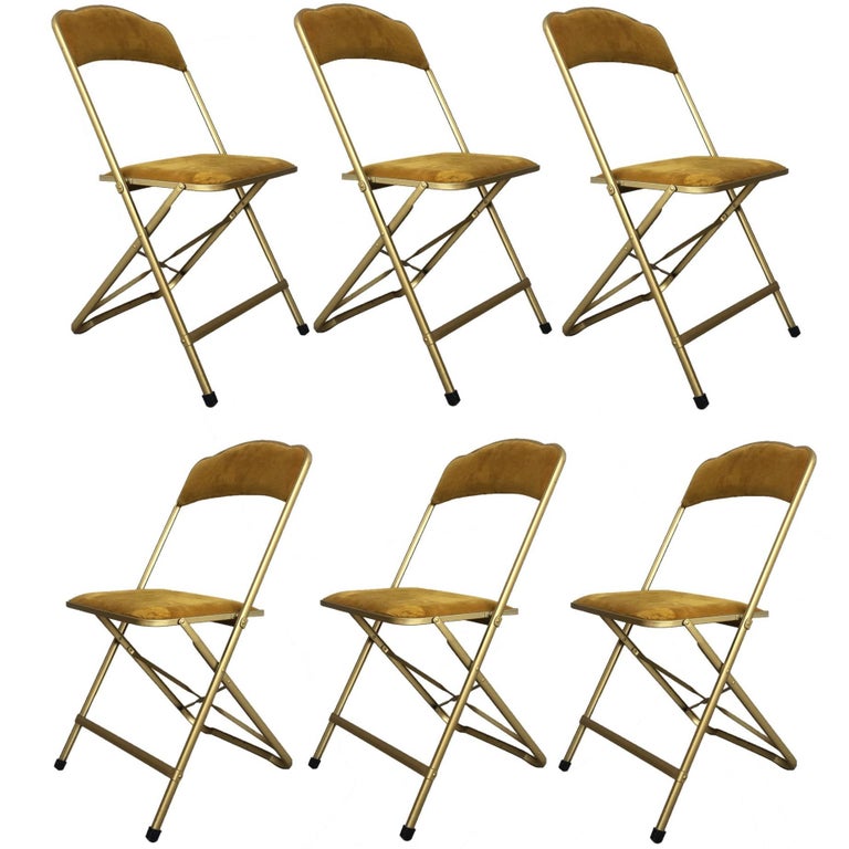 Set of Six Brass and Velvet Plia Style Folding Chairs at 1stDibs
