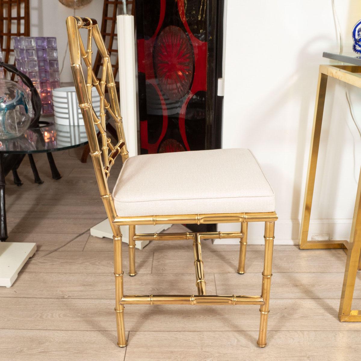 Mid-Century Modern Set of Six Brass Faux Bamboo Upholstered Side Dining Chairs