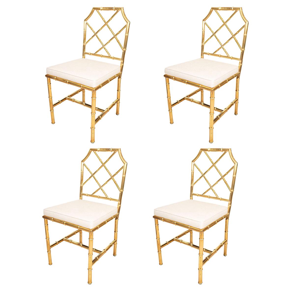 Set of Six Brass Faux Bamboo Upholstered Side Dining Chairs
