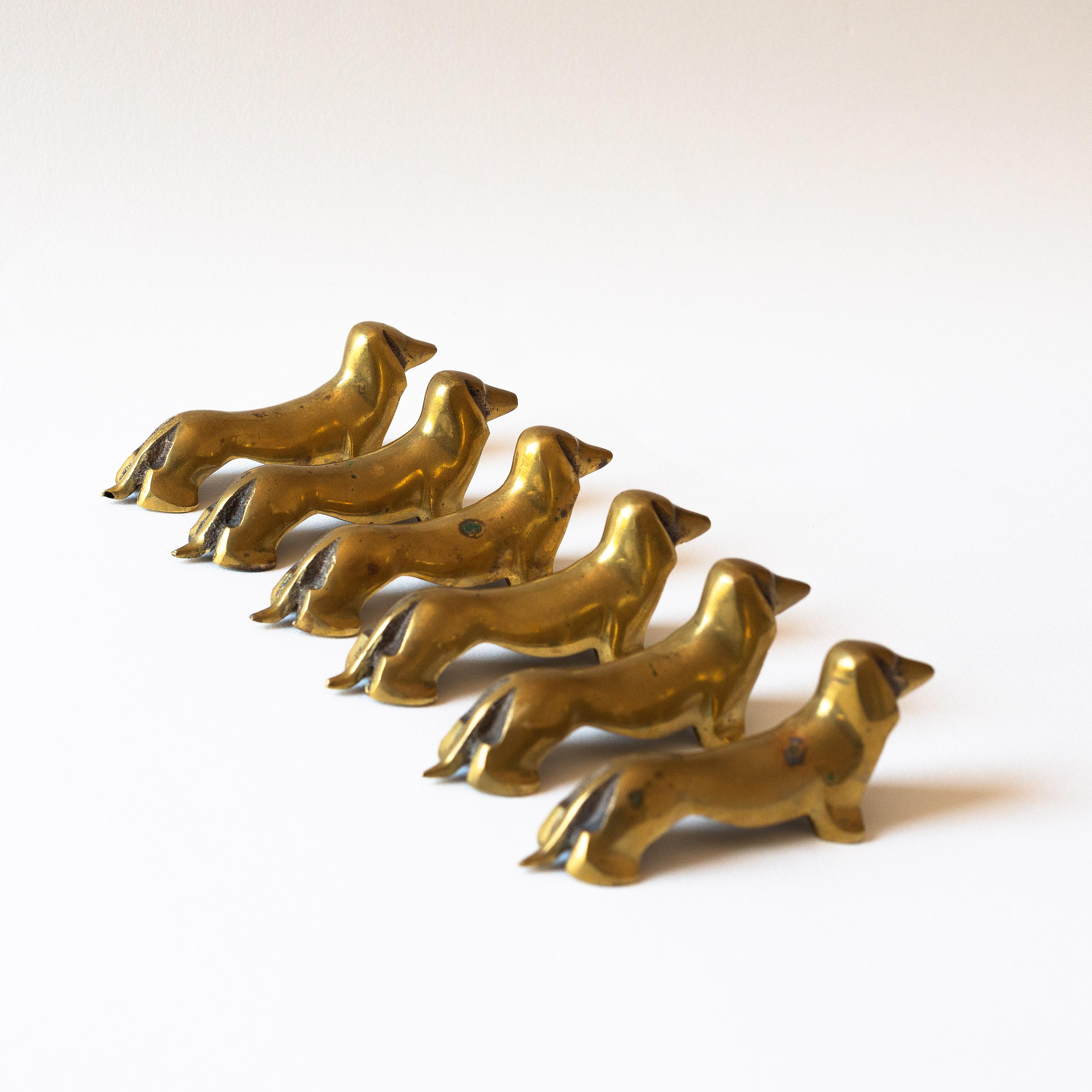 Set of Six Brass Knife Rests, Dachshund Dog, France Mid-Century Modern 6