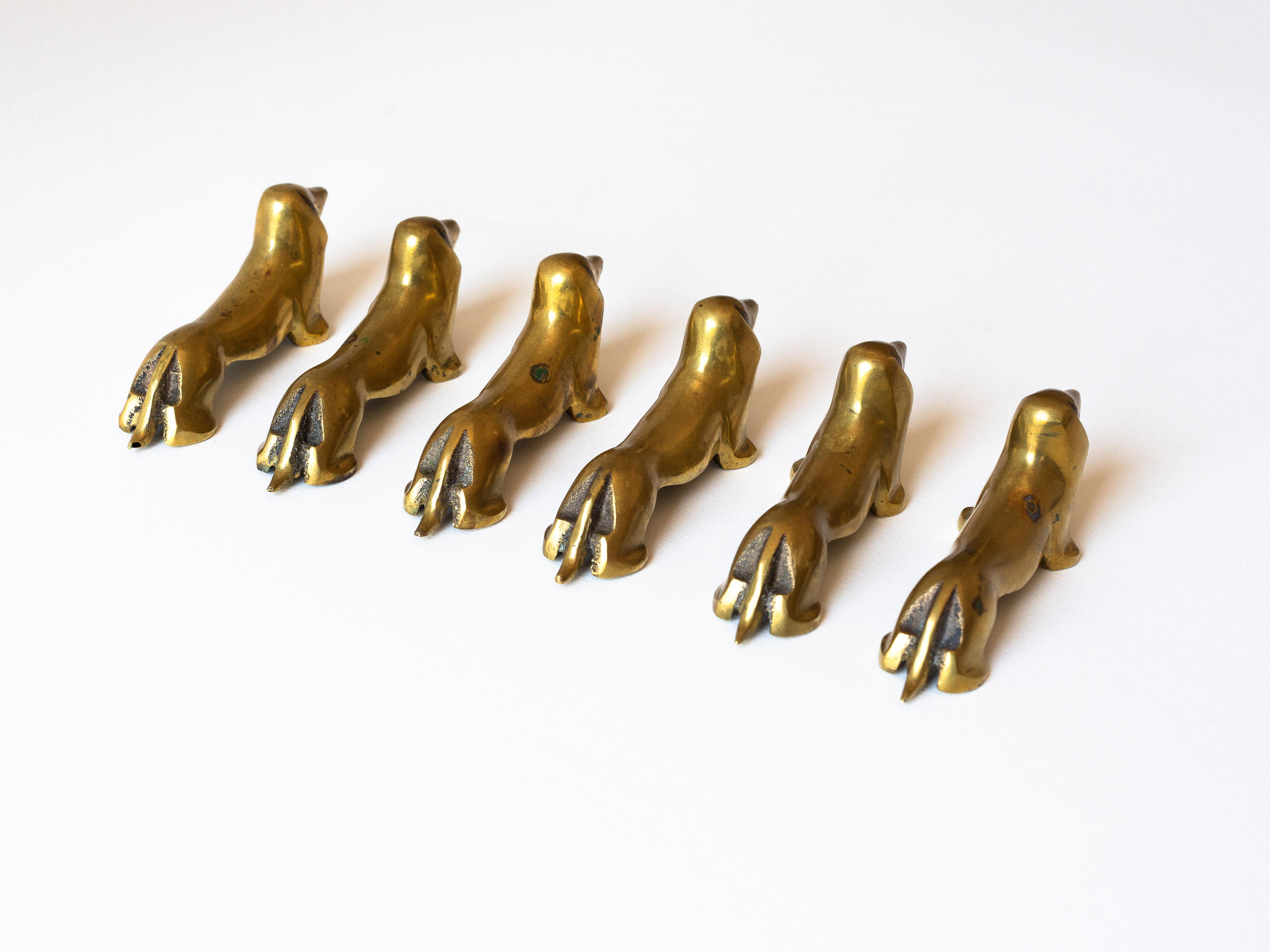 French Set of Six Brass Knife Rests, Dachshund Dog, France Mid-Century Modern