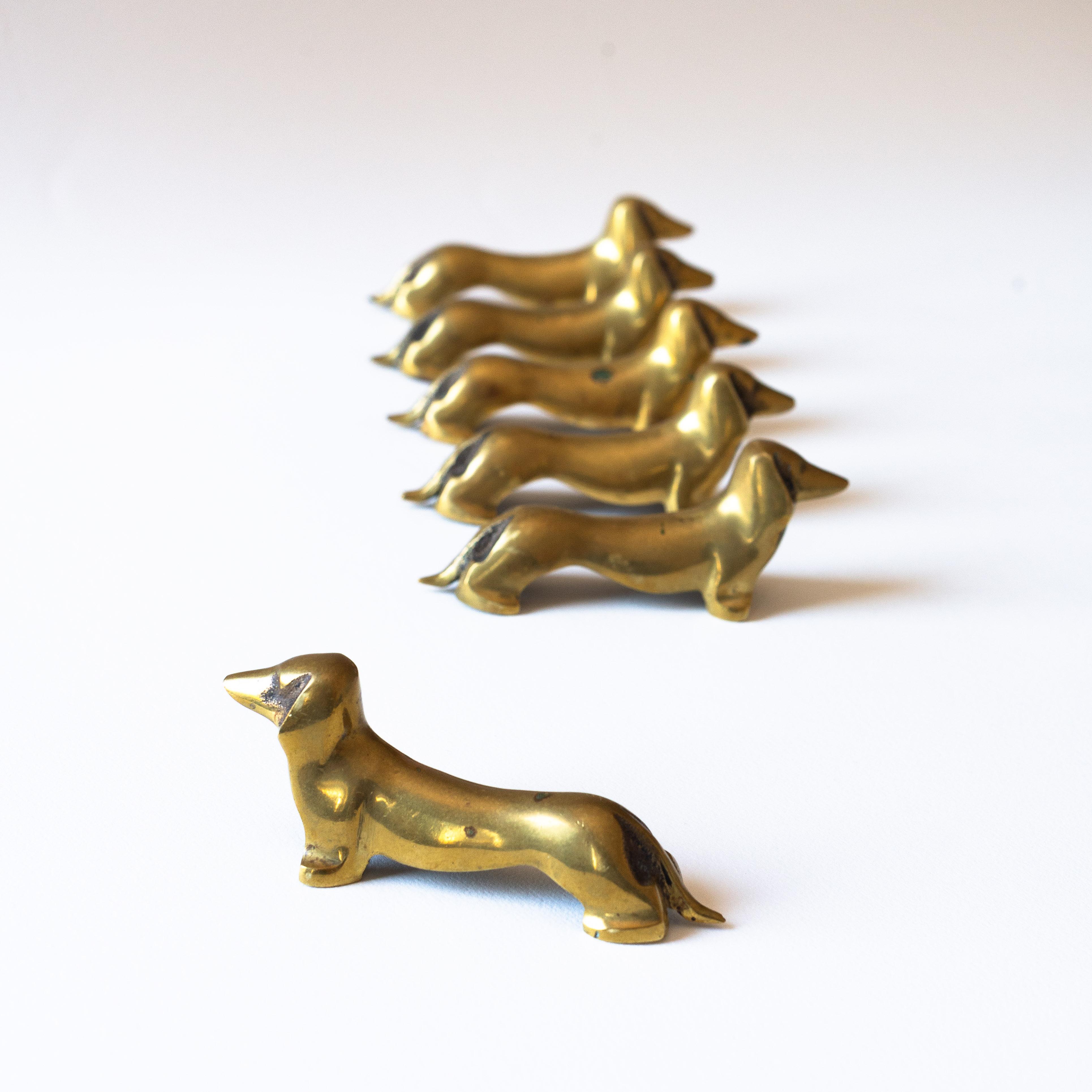 Bronzed Set of Six Brass Knife Rests, Dachshund Dog, France Mid-Century Modern