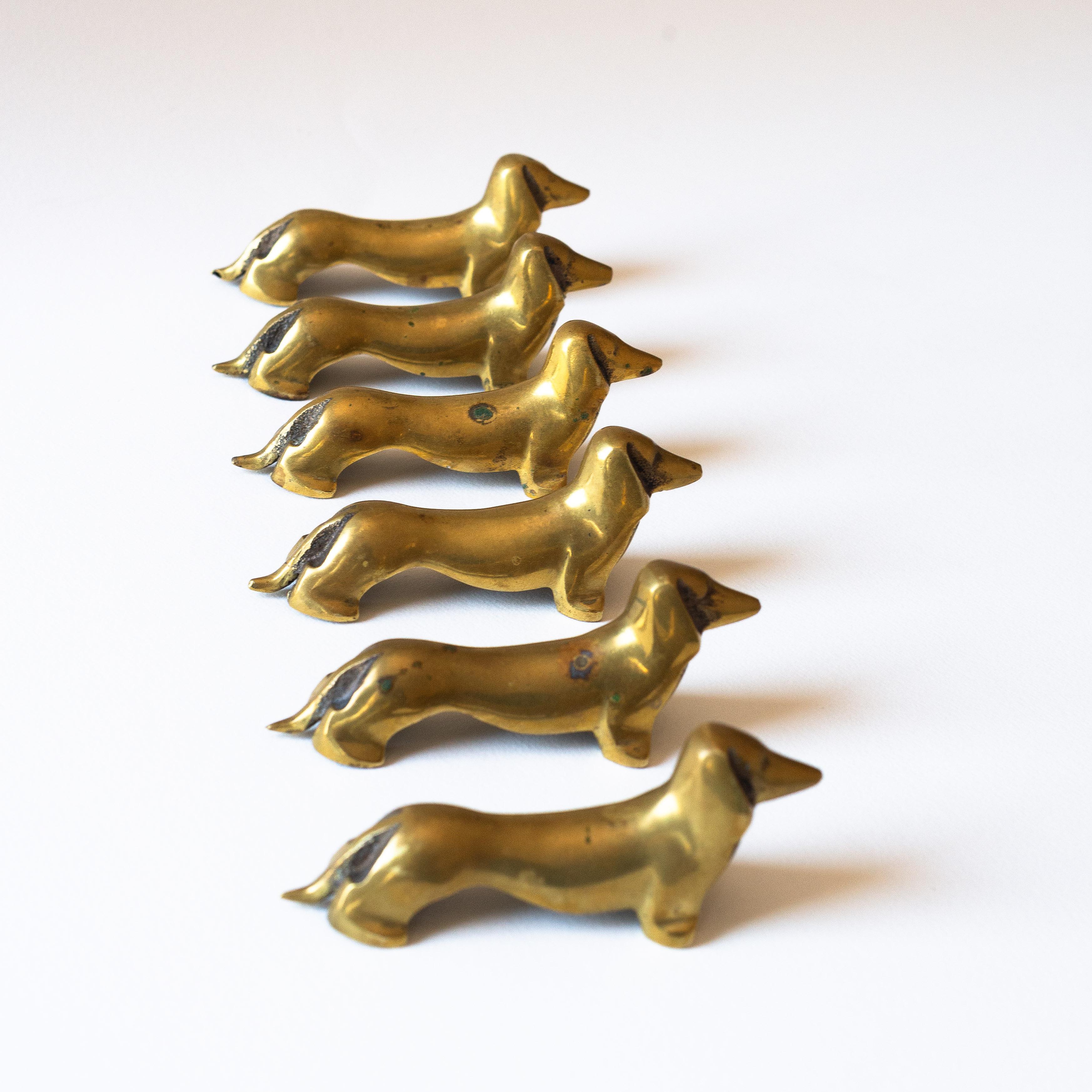 Metal Set of Six Brass Knife Rests, Dachshund Dog, France Mid-Century Modern