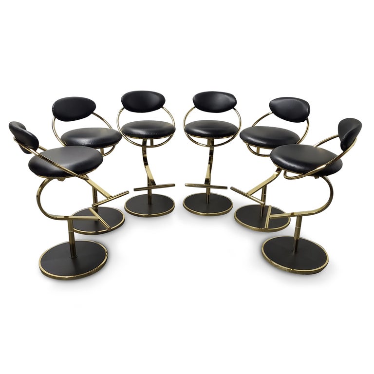 Set of Six Brass / Leather Bar Stools by Design Institiute of America at 1stDibs