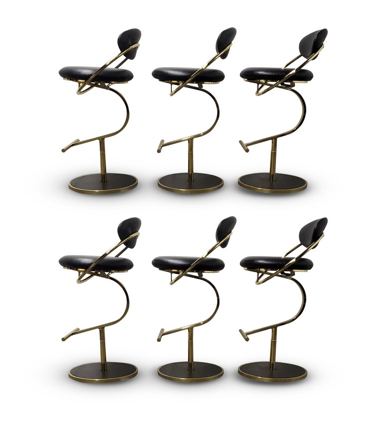 Set of Six Brass / Leather Bar Stools by Design Institiute of America at 1stDibs