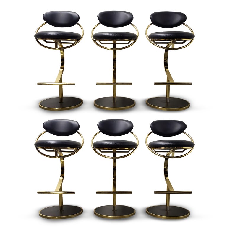 Set of Six Brass / Leather Bar Stools by Design Institiute of America at 1stDibs