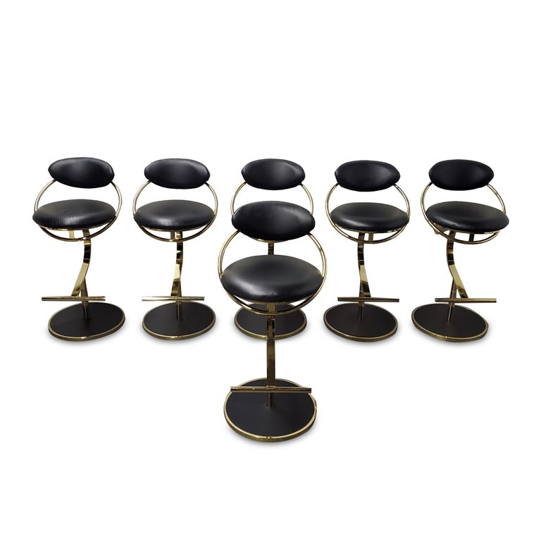 Set of Six Brass / Leather Bar Stools by Design Institiute of America at 1stDibs