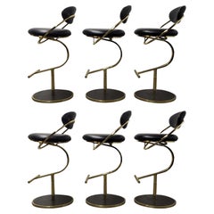 Set of Six Brass / Leather Bar Stools by Design Institiute of America