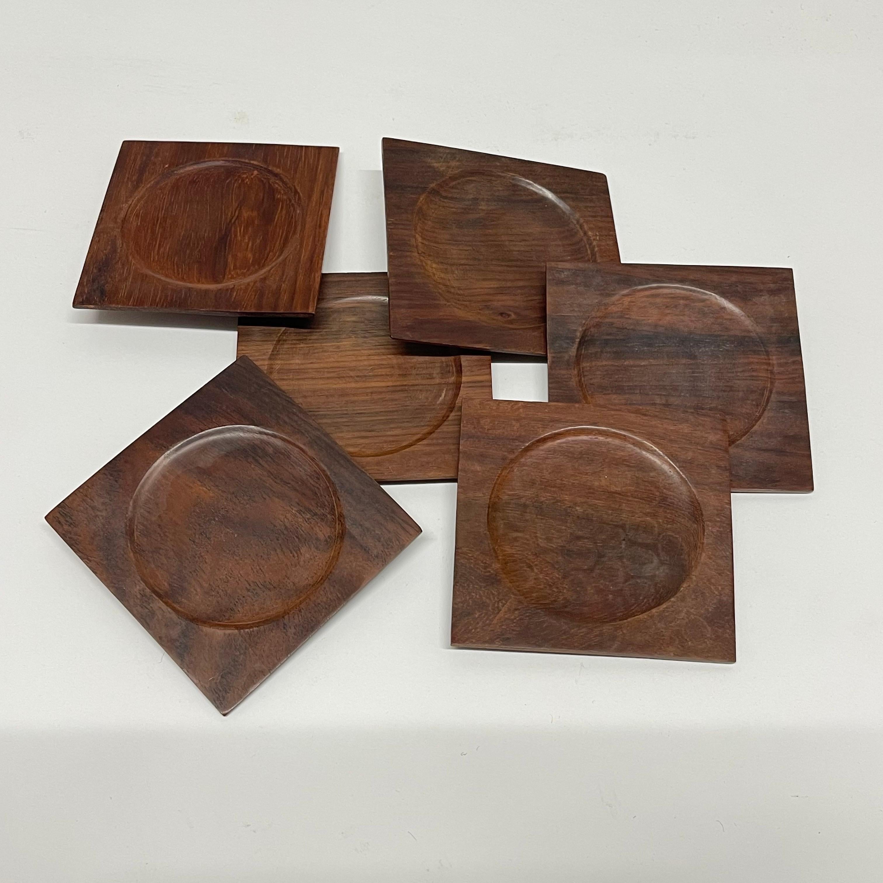 Set of Six Brazilian Modern Hand-Carved Rosewood Coasters, Brazil, circa 1960s 4