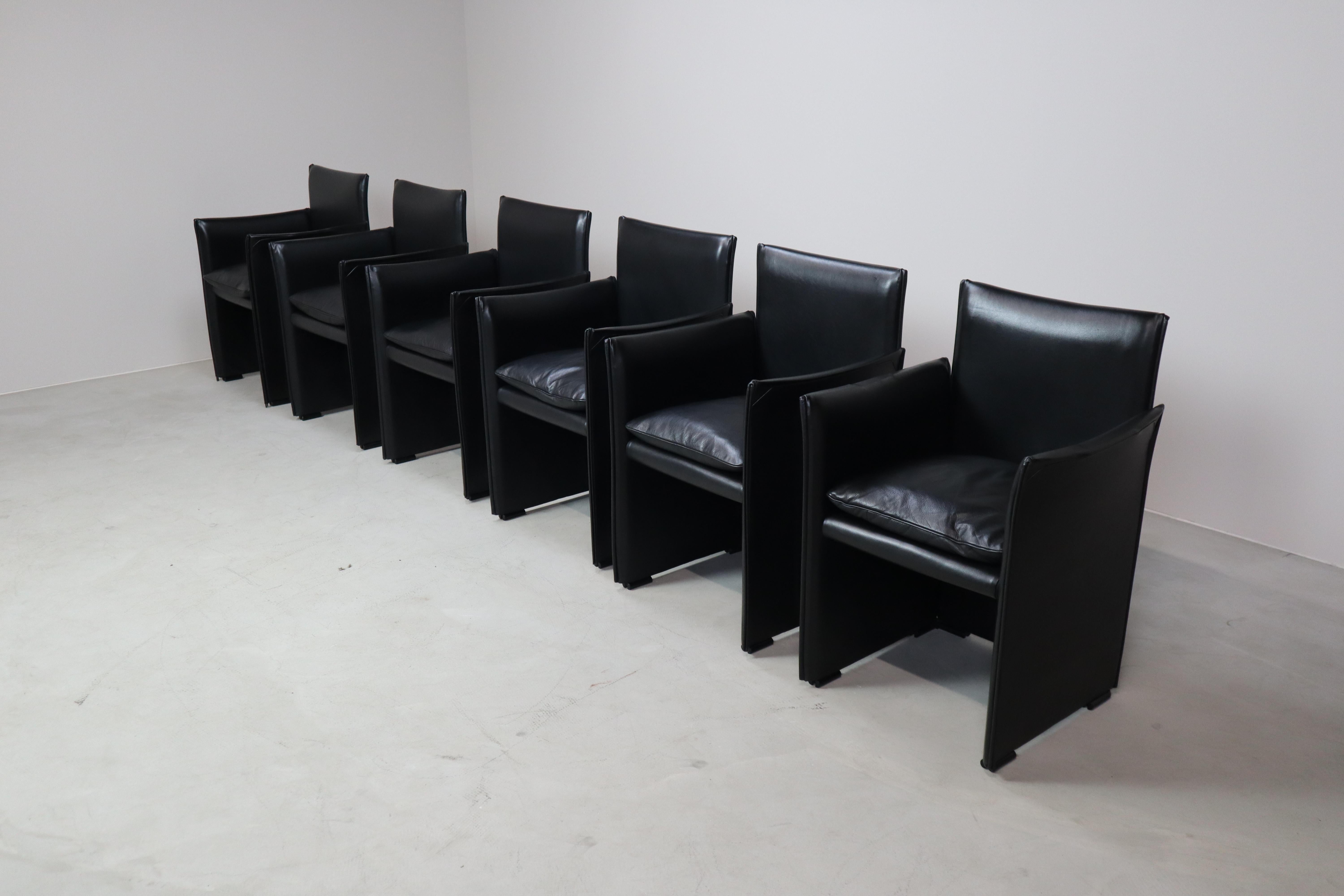 Set of six Break 401 armchairs by Mario Bellini for Cassina, 1976
Polyurethane foam upholstered sheetsteel frame with removable leather covers and feather filled cushion on ABS feet.
Designed the same year as the 