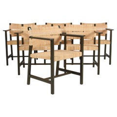 Set of six Børge Mogensen armchairs in cane and green lacquered wood, Denmark
