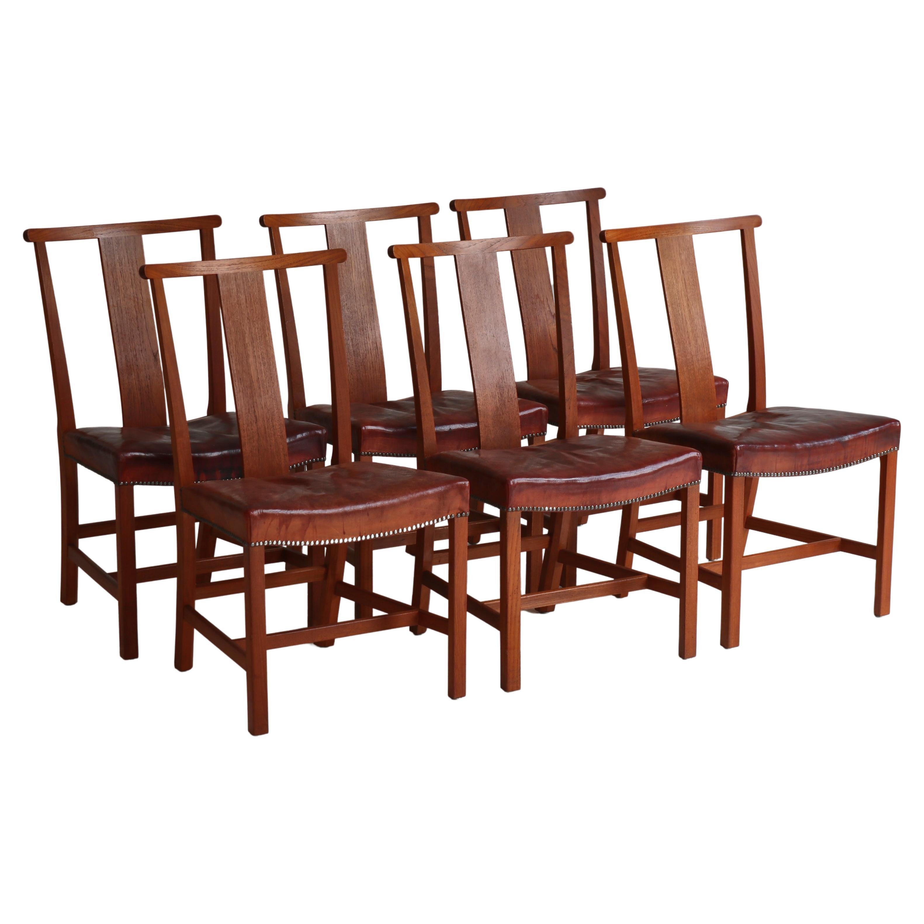 Set of Six Børge Mogensen Dining Chairs in Teak & Niger Leather, 1939, Denmark For Sale