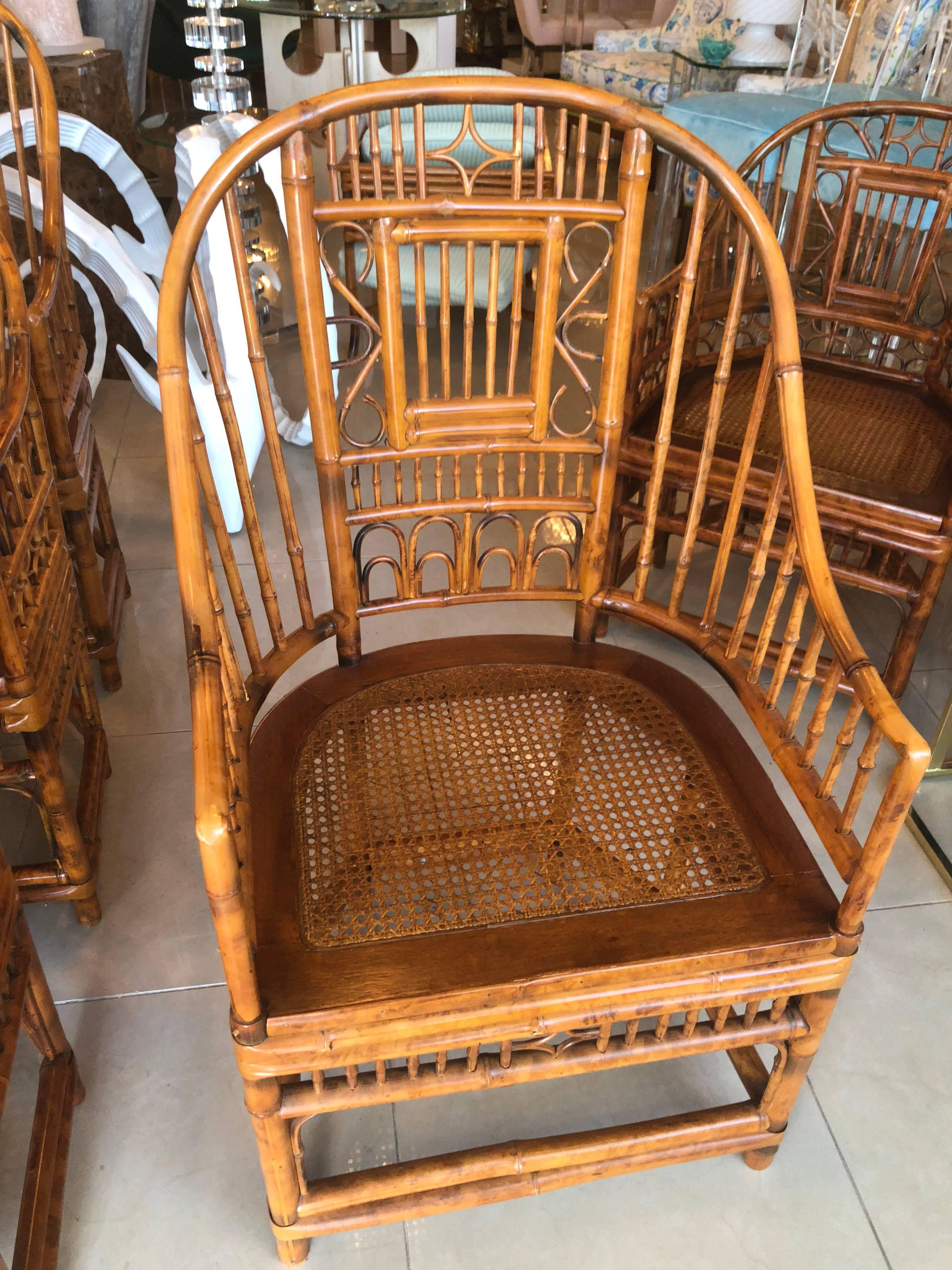 Set of Six Brighton Style Bamboo Arm Dining Chairs In Excellent Condition In West Palm Beach, FL