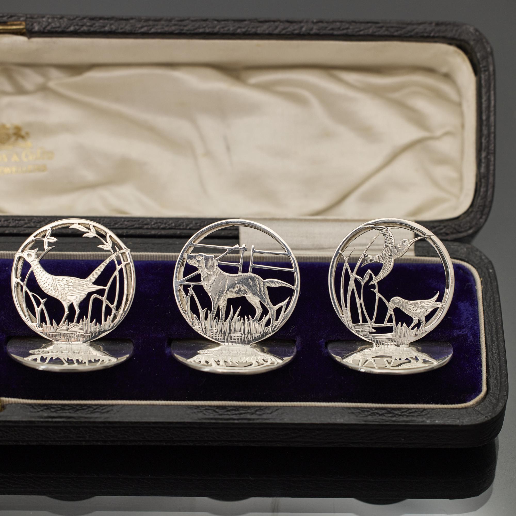 Set von sechs silbernen Platzkartenhaltern mit britischen Tierweltmotiven im Angebot 9