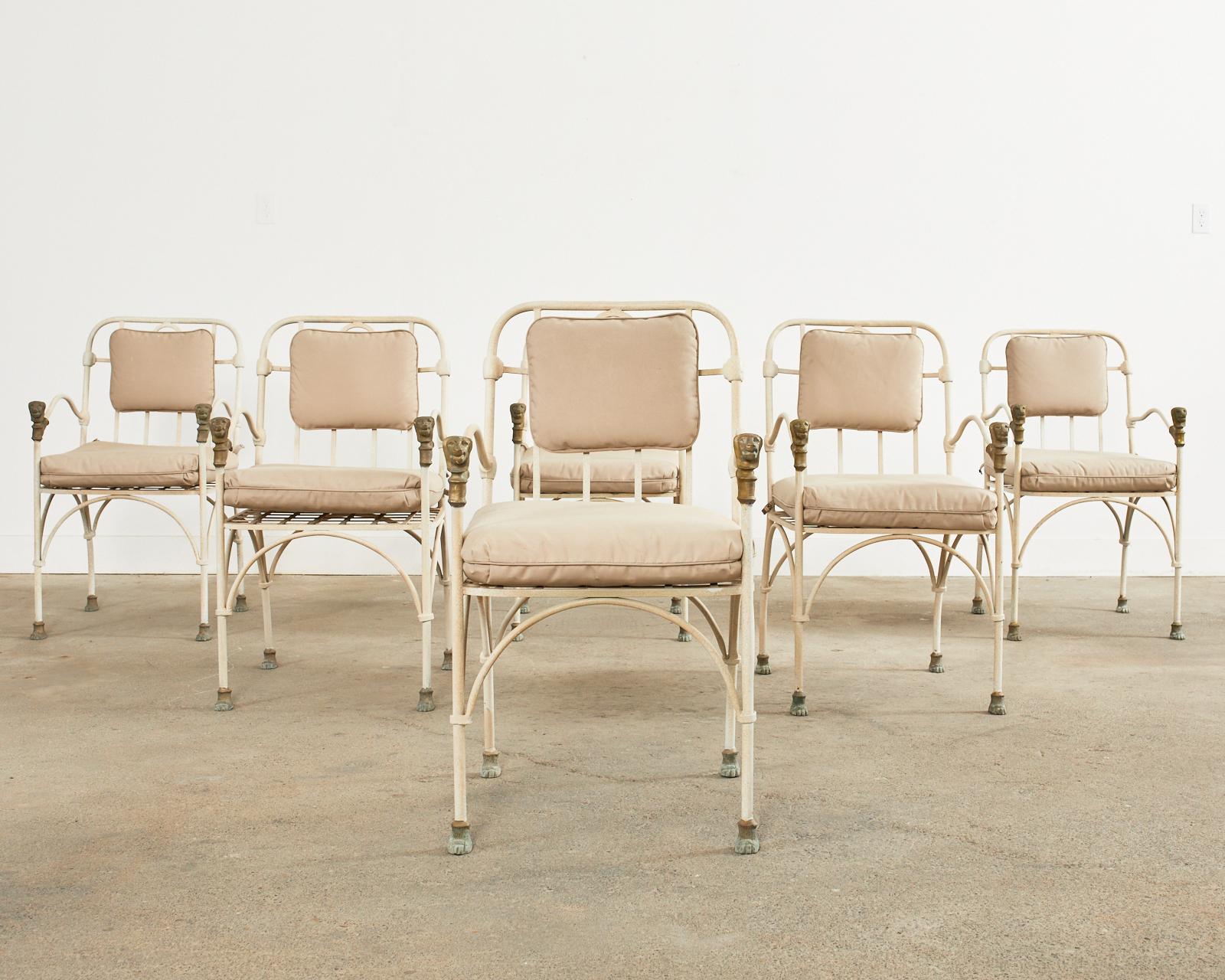 Mid-Century Modern Set of Six Bronze Lions Head Garden Chairs After Giacometti