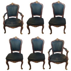 Set of Six Bronze Mounted Louis XV Style Dining Chairs in Black Leather