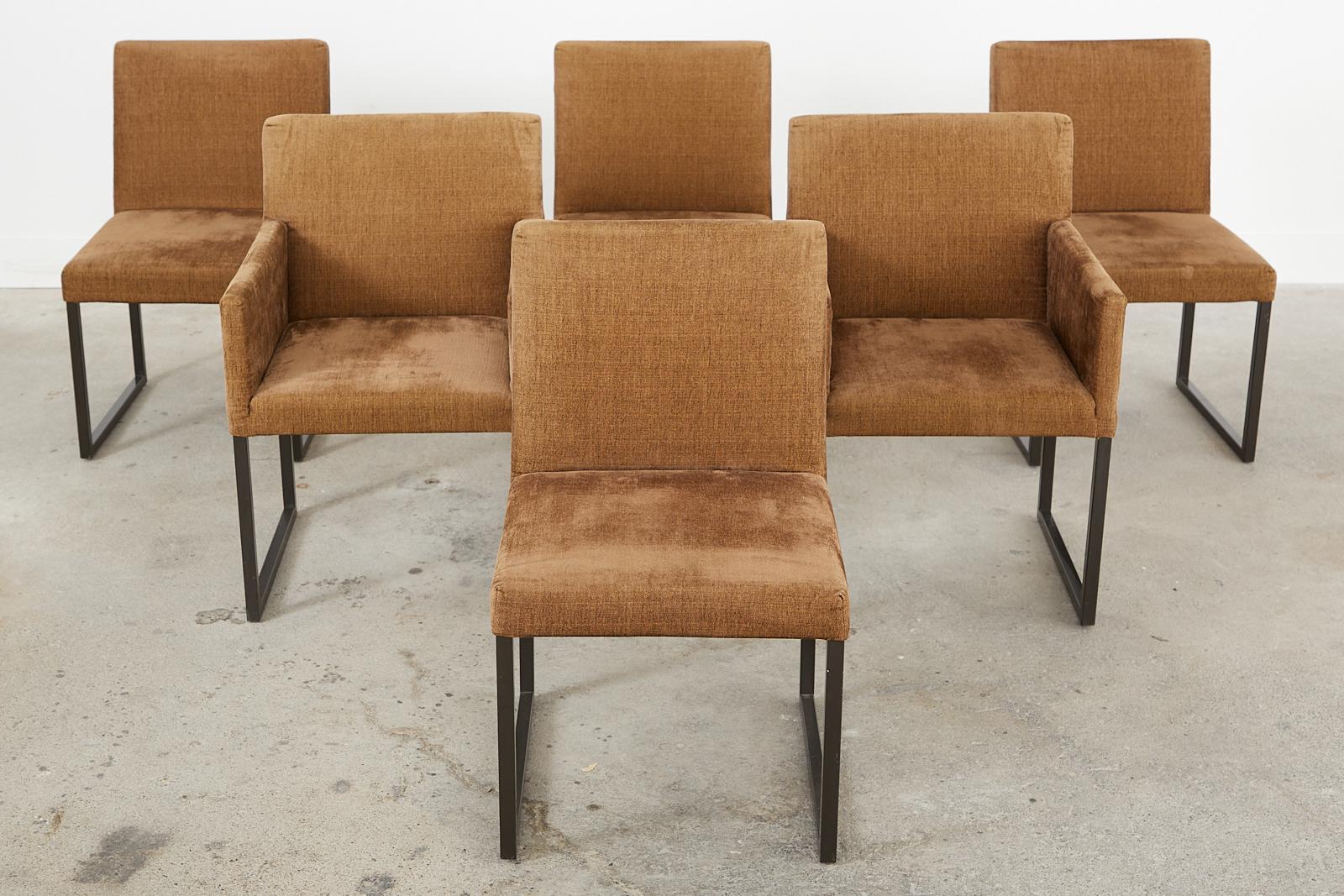 Modern Set of Six Bronzed Steel Sled Style Dining Chairs For Sale