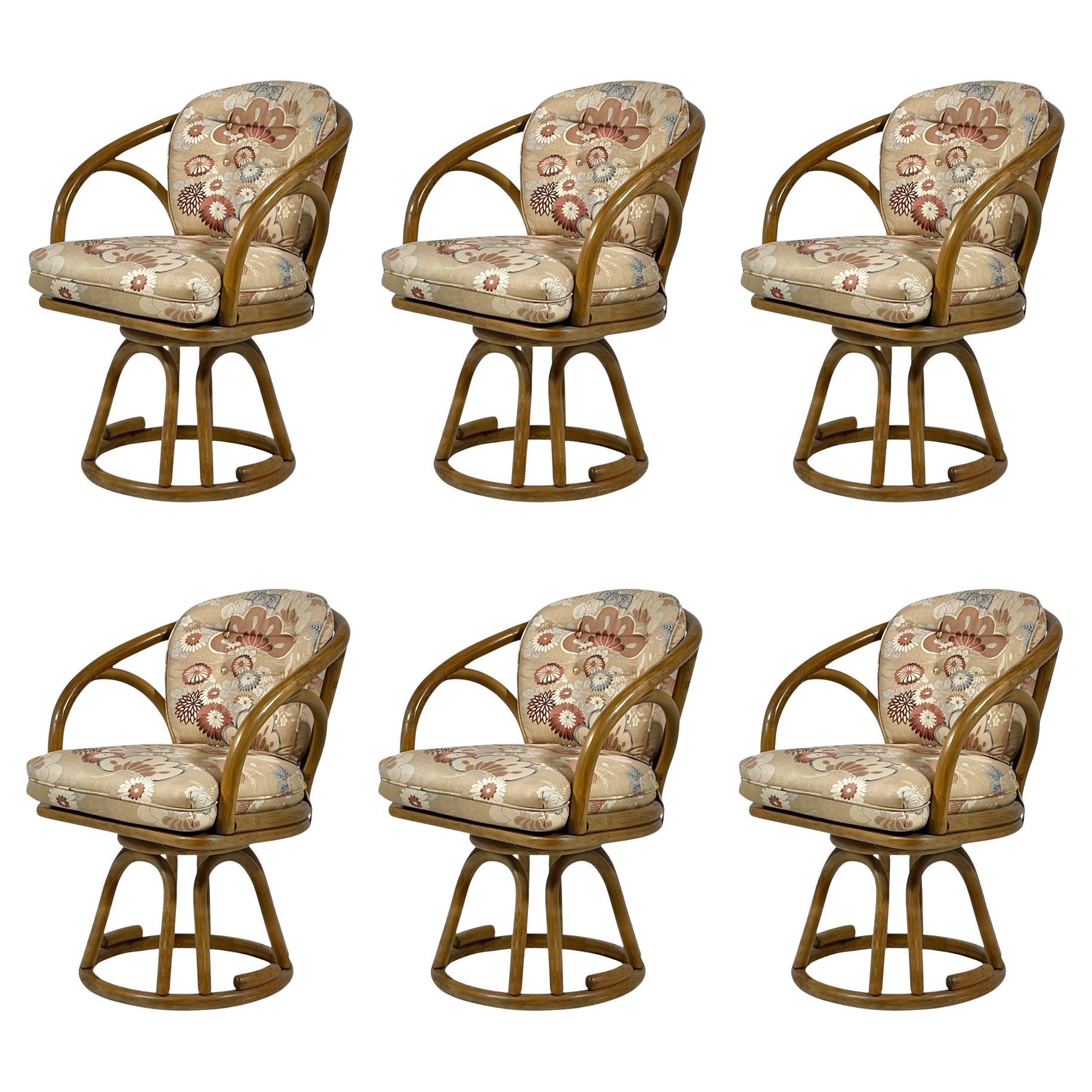 Set of Six Brown Jordan Rattan Swivel Armchairs