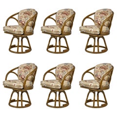 Set of Six Brown Jordan Rattan Swivel Armchairs