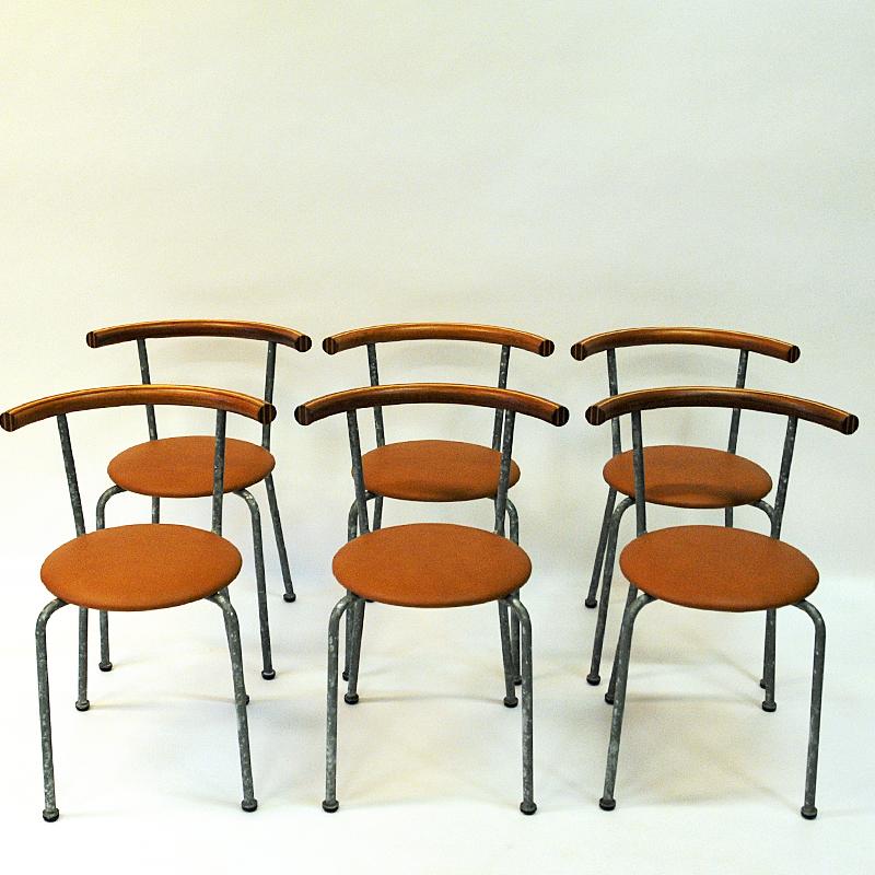 Mid-Century Modern Set of Six Brown Leather Seat Dining Stools by Jerry Hellström, Sweden, 1988