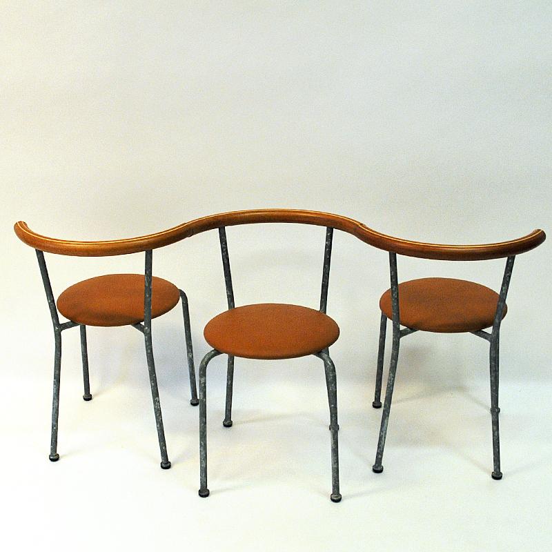 Swedish Set of Six Brown Leather Seat Dining Stools by Jerry Hellström, Sweden, 1988